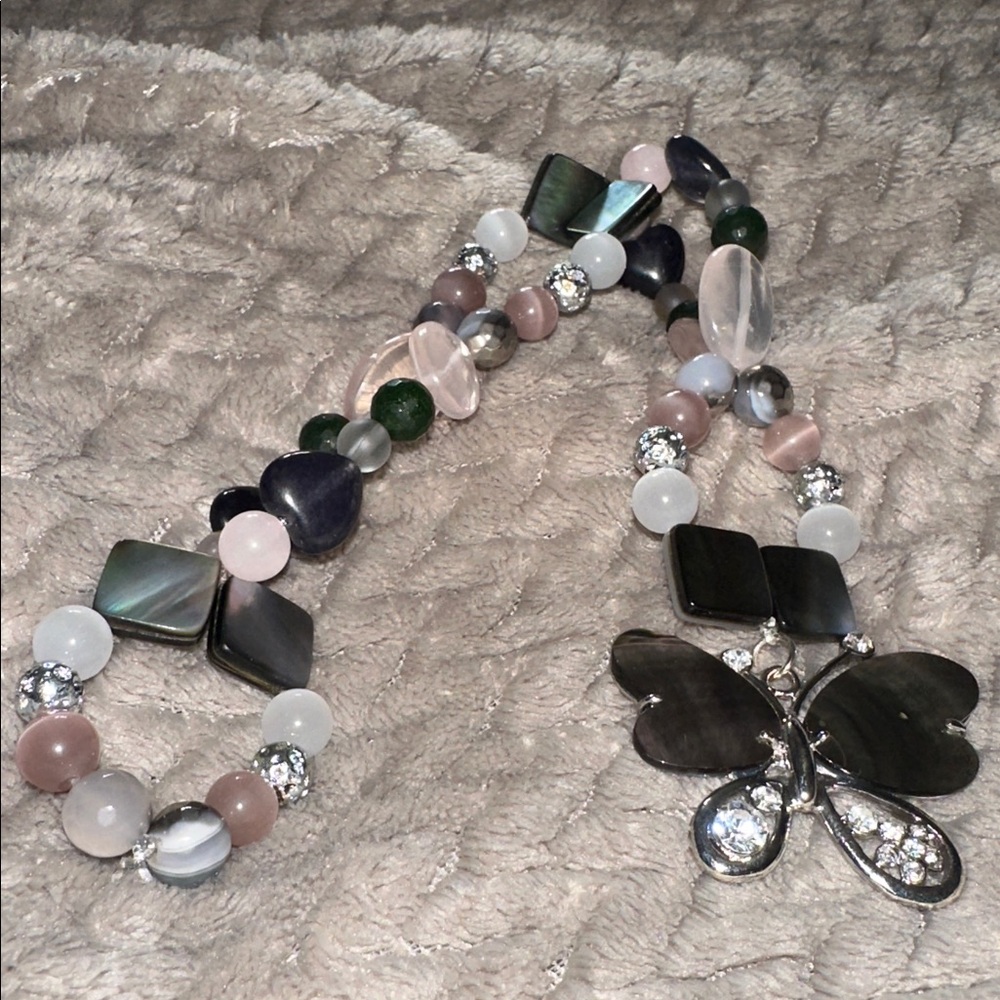 Mystical Mirrors HangCharm (Rose Quartz, Black Iridescent Shell, Canadian Jade) - Picture 4 of 9